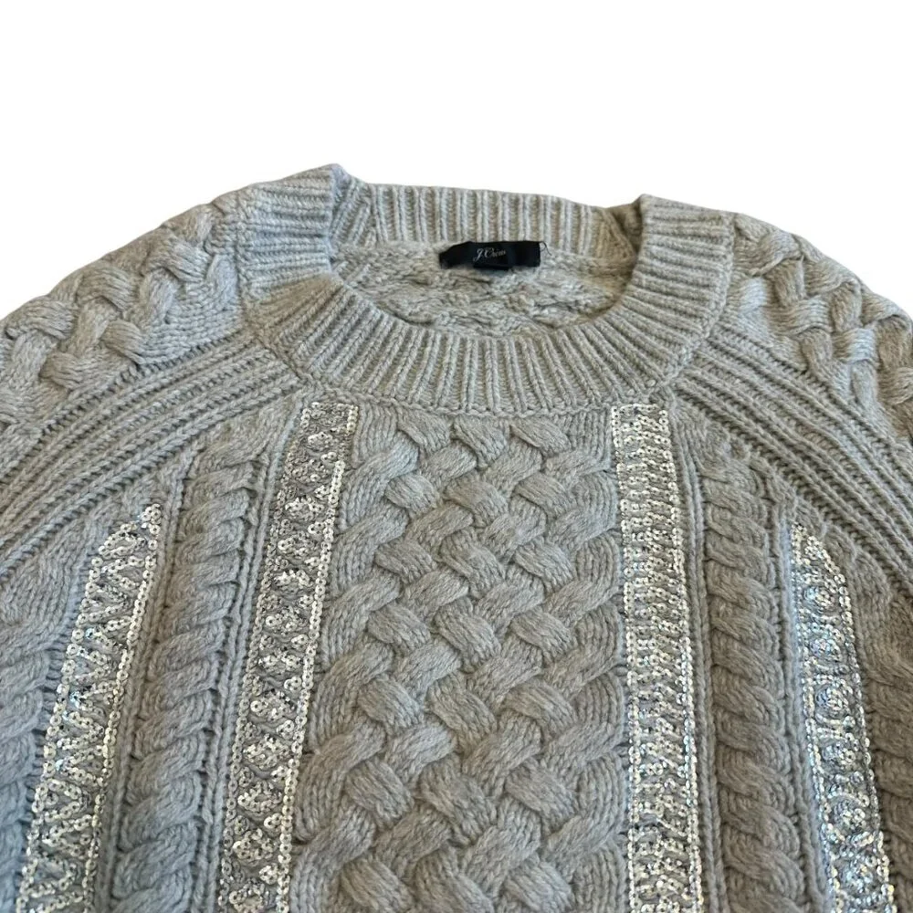 J. Crew Grey Cable Knit Pullover Sweater Crew Neck Sequin Stripe Size XS Women's